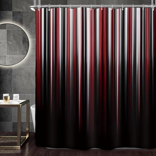 Miyotaa Black Red White Modern Shower Curtain Set 60Wx71H Inches Abstract Striped Minimalist Simple Contemporary Polyester Waterproof Bathroom Curtain with 12 Hooks - color: Black Red White Striped, size: 60"W x 71"L (Pack of 1)