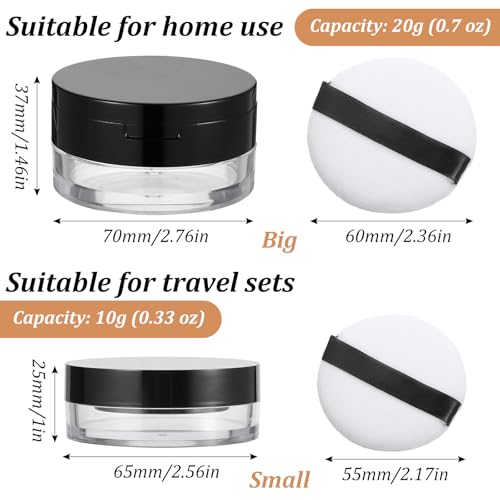 2 Pcs Loose Powder Container with Mirror, 20g(0.7oz) & 10g(0.33oz) Empty Reusable Compact with Rotatable Sifter, No Leak Powder Case with Sponge Puff for Travel DIY Makeup