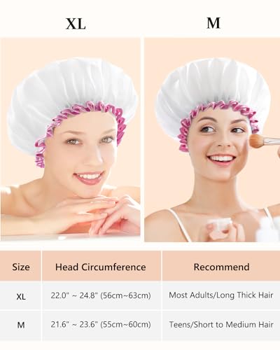 mikimini White Shower Cap Waterproof Reusable, Double Layers Bathing Hair Cap with Soft Comfortable PEVA Lining, Cute, Non-fading & Stretchy Shower Hat Medium (Pack of 1) White - color: White+Pink Lace, size: Medium (Pack of 1)