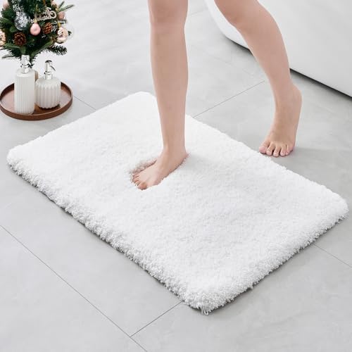 ILANGO White Bathroom Rugs 36" × 24" Non Slip & Super Absorbent Extra Thick Soft, Washable Bath Mat for Floor, Non Shedding Microfiber Plush Shaggy Bath Rug with Rubber for Bathtub Shower Room Sink - color: White, size: 2' x 3' (24''x36'' Bathroom Rug)