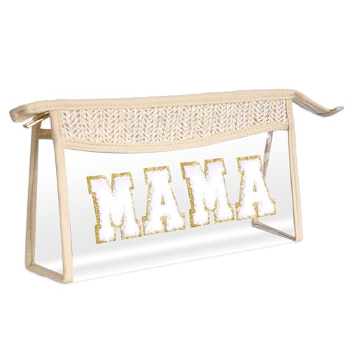 Boho Patch Cosmetic Bag with Zipper, Chenille Varsity Letter Makeup Bag, Clear Travel Pouch, Multi-purpose Small Toiletry Bag for Women Girls (Mama) - style: Mama