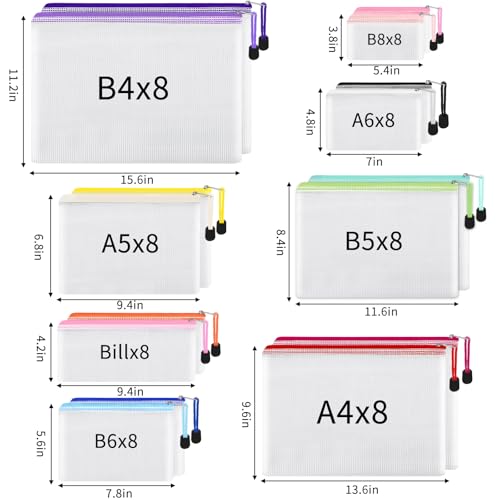 EOOUT 64pcs Mesh Zipper Pouch Bags, 8 Sizes Plastic Bags, 15 Colors | Waterproof Pouches with Slide Fastener for Organization, Multipurpose for Travel, Office and Home Organization - style: Multicolor-64pcs