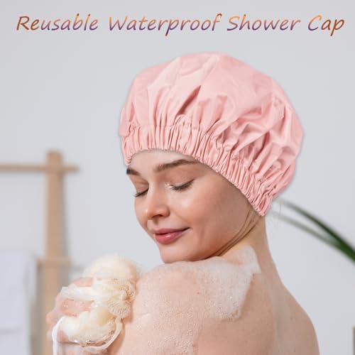 Reusable Shower Cap for Women – Large Waterproof Satin Shower Bonnet for Long, Curly & Braided Hair, Washable Bath Hair Cover, Pink - color: Pink