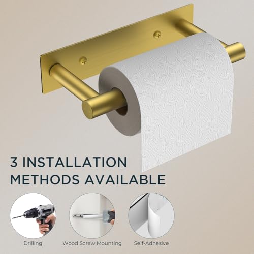 FORIOUS Toilet Paper Holder, Adhesive or Screw Wall Mount Pivoting Tissue Roll Holder, Stainless Steel Self Adhesive Toilet Paper Roll Holder no Drilling (Brushed Gold, Square) - color: Brushed Gold