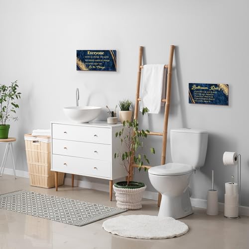 DONFENTHY 2 Pieces Blue Gold Bathroom Decor Rustic Farmhouse Wooden Signs Bathroom Rules Wall Art 12x6 Inch - color: Blue