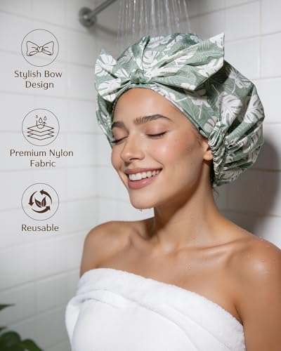 Yanibest Shower Cap for Women Reusable Waterproof, Adjustable Non-Slip Shower Hair Cap, Washable Bath Hat for Long Hair (Green) - color: Green