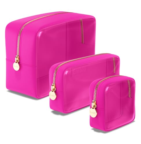 Clear Cosmetic Bags Set of 3, Mini Small Large Makeup Bags For Women Clear Pouch Cosmetics Cases Zipper Cute Pouches Make Up Travel Toiletry Essentials Preppy Purse Organizer Makeup Cases, Fuchsia | Large, Medium & Small Clear Nylon/PVC Cosmetic Bags with