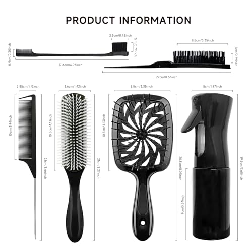 11 Pcs Hair Brush Set, Detangle Hair Brush And Spray Bottle, 3 Pieces Smooth Hairbrush For Toddlers, Suitable For Wet and Dry Hairstyles, Suitable For Adults And Children(Black) - color: Black