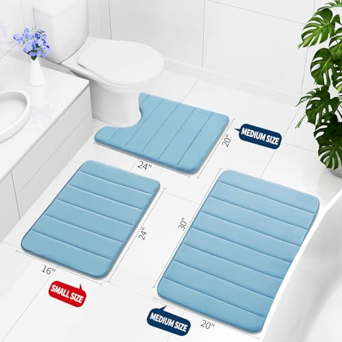 Buganda Memory Foam 3 Pieces Bathroom Rugs Set - Thick Soft Absorbent Bath Mats, Washable Small/Large/Contour Bath Rugs (24" x 16" + 30" x 20" + 24" x 20", Blue) - color: Blue, size: 24" X 16" + 30" X 20" + 24" X 20"