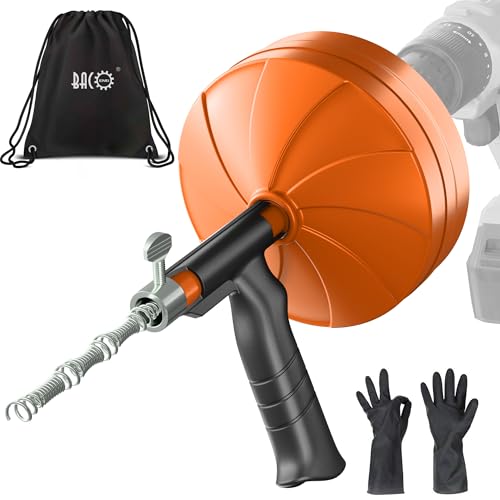 BACOENG 50Ft Drain Auger, Heavy Duty Plumbing Snake with Drill Adapter, Use Manually or Powered for Drain Clog, Shower Sink, Comes with Gloves and Bag (Orange) - color: Orange-50FT
