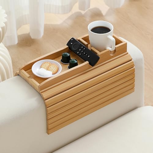 Bamboo Couch Cup Holder Arm Tray Table，Foldable Couch Drink Holder Armrest Table，Sofa Arm Rest Tray，Flexible Arm Chair Table Tray Recliners for Drink,Cups, Snacks, Phone, Remote (Bamboo) - color: Bamboo