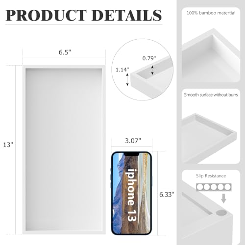 ZHWS Bathroom Vanity Tray for Countertop Perfume Makeup Jewelry Candle Decor, Kitchen Tray for Soap Dispenser Spice Salt, Large Tray for Toilet Tank Paper, Serving Nightstand White 13”x6.5” - color: White, size: 13" x 6.5" x 1.1"