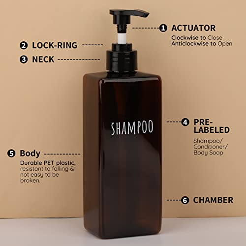 Segbeauty 16.9oz Lotion Dispenser, 3pcs Refillable Square Shampoo Bottles with Pump, 500ml Empty Plastic Bathroom Shower Bottles Liquid Soap Container Body Wash Dispenser for Home Hotel Travel Amber - color: Dark Amber, style: Black Pump