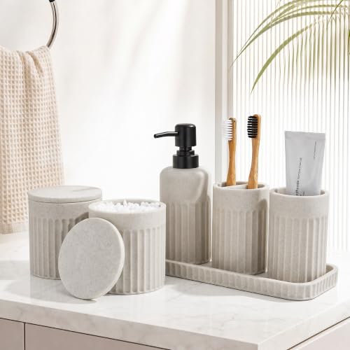 INIUNIK Bathroom Accessory Set, 6 Pieces, Beige | Resin, Bathroom Accessories Set, with Soap Dispenser Set, Toothbrush Holders, Tumbler, Vanity Tray & 2 Qtip Holder - color: Beige -2