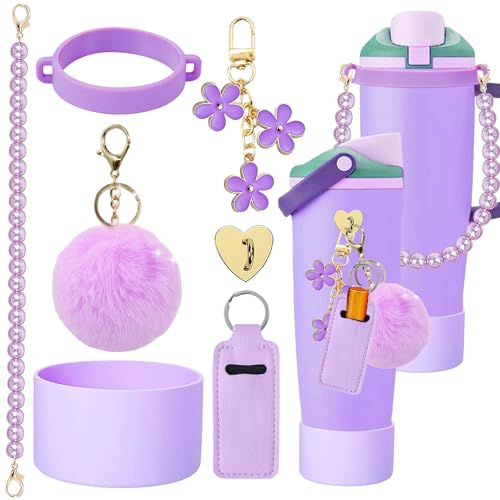 Compatible for Owala Accessories Bundle: Silicone Boot for FreeSip Sway 30oz & 40oz Bottles, Charms, Pearl Handle Strap, Rubber Bottom & Decorative Add-ons - color: Purple Plum