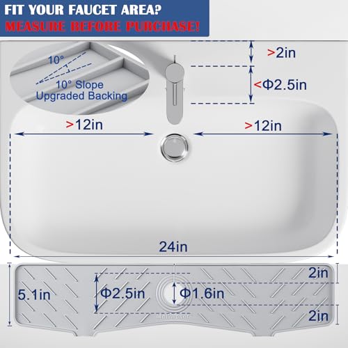 Faucet Mat for Kitchen Sink – 24” x 5.1” Extra-Long Silicone Splash Guard with 10° Slope & Upgraded Drainage – Gen 3 Sink Water Catcher & Sponge Holder for Kitchen, Bathroom (Gray) - color: Gray, size: 24 in