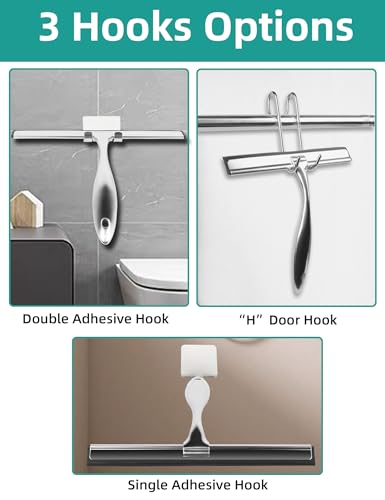 All-Purpose Stainless Steel Shower Squeegee Come with S Hook, 2 Square Sticky Hook 2 Rubber Strips Shower Squeegee for Glass Doors, Windows, Mirrors, Tiles and Car Glass -12 Inches Silver - size: 12"Wx 7.09"H