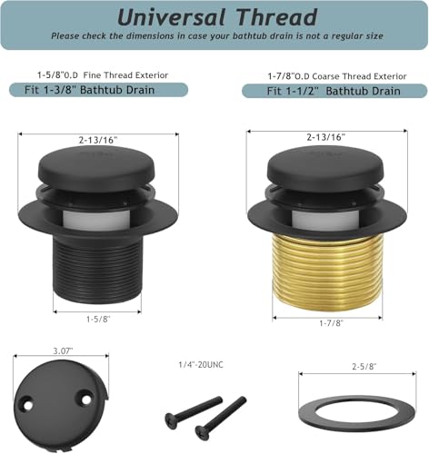 Tip-Toe Bathtub Drain Kit with Two-Hole Overflow Plate, Premium Quality Bath Tub Drain Replacement fits for All Bathtub, Universal Fine/Coarse Thread Bathtub Stopper (Matte Black) - color: Matte Black
