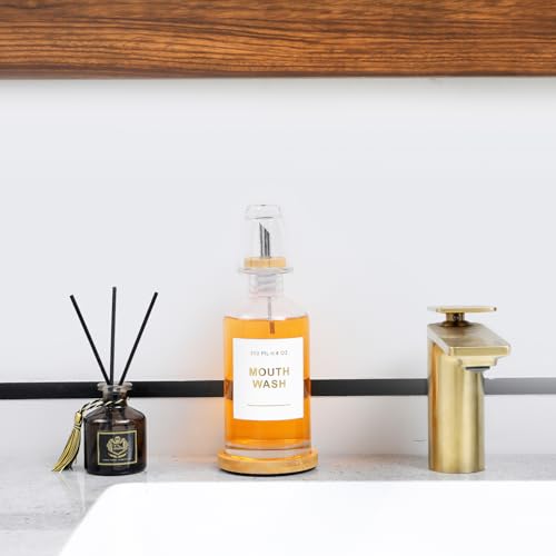 11.8OZ Glass Mouthwash Dispenser for Bathroom with Stainless Steel & Bamboo Nozzle, Mouthwash Cup Reusable, Bamboo Tray, and Elegant Gold Sticker.（Clear - color: Clear/350*1