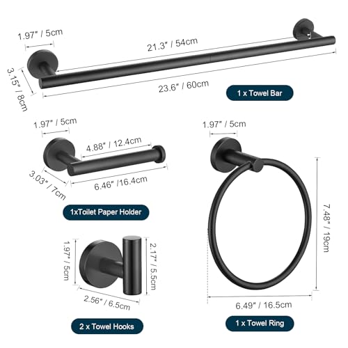 TURS Matte Black Bathroom Hardware Set 5 Piece, SUS304 Stainless Steel Bath Towel Bar Set, 24 Inch Bathroom Accessories Kit Wall Mounted - color: Matte Black
