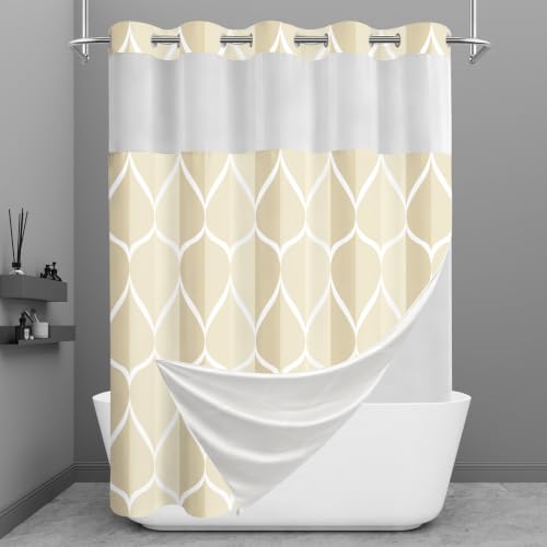 Yiatn No Hook Ivory Luxury Double Shower Curtain with Snap in Fabric Liner Set-Hotel Style with See Through Mesh Top Window, Modern Geometric Waterdrop Design,71x74 INCH - color: Ivory, size: 71"W x 74"L (Pack of 1)
