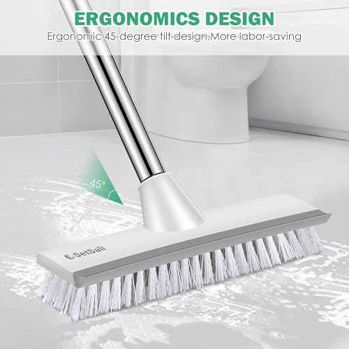 SetSail Floor Scrub Brush with 51-Inch Long Adjustable Handle 2 in 1 Scrape Brush Stiff Bristle Floor Scrubber for Cleaning Shower Bathroom Garage Kitchen Wall Deck Tub Tile - color: Grey White, size: 10in