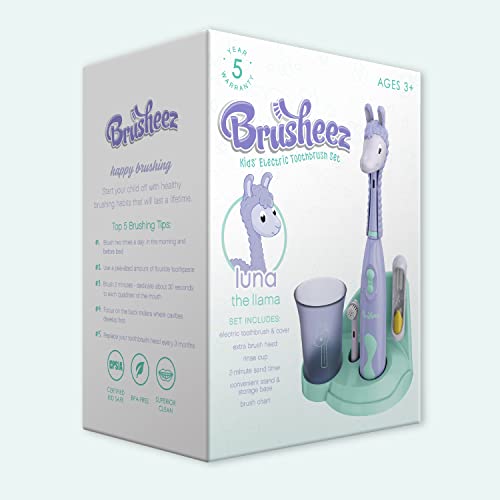 Brusheez Kids’ Electric Toothbrush Set - Safe & Effective for Ages 3+ - Parent Tested & Approved with Gentle Bristles, 2 Brush Heads, Rinse Cup, 2-Minute Timer, & Storage Base (Luna the Llama) - color: Luna the Llama