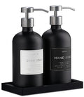 Glass Soap Dispenser Set of 2 (Black) with Silicone Tray | Hand and Dish Soap Dispenser for Kitchen and Bathroom | 16.8 Oz Glass Bottles with Stainless Steel Pump & 15 Waterproof Labels (Black/Silver) - color: Black/Silver