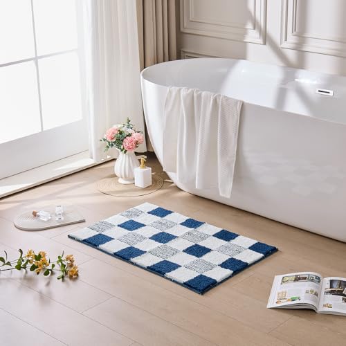 CozeCube Bath mats for Bathroom Non Slip, Fluffy Absorbent Microfiber Bath mat Washable, Aesthetic Bathroom Rugs, Cute Navy Blue Checkered Bath mat, Navy Blue, 32" x 20" - color: Checkered-navy Blue, size: 2'8" x 1'8" (Rectangular)