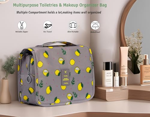 L&FY Hanging Travel Toiletry Bag Women's Cosmetic Organizer Makeup Pouch Men's Dopp Kits With Handle(Grey Lemon) - color: Grey Lemon, size: Compact Size