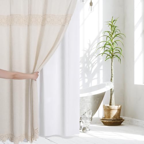 Gibelle Small Stall Boho Farmhouse Shower Curtain Set with Liner, Linen Bohemian French Country Bath Curtain 36x72, Beige/Cream - color: Beige-liner Set, size: 36"W x 72"L (Pack of 1)