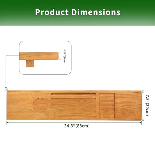 VaeFae Teak Bathtub Tray Table, Wooden Bath Board for Tub with Wine and iPad Holder - size: 34.3" x 7.8" x 0.8"