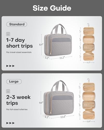 HOTOR Hanging Travel Toiletry Bag Women Men, Grey, Medium | Waterproof Makeup Bag Hanging Hook,Multiple Pockets,Travel Essentials,11.2 x 3.2 x 8.9inches - color: Grey, size: Medium