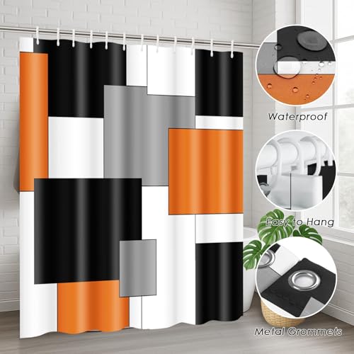 Orange Geometric Shower Curtain Set with Toilet Lid Cover and Non-Slip Rugs for Bathroom, Black White Grey Checkered 4 Pcs Shower Curtain, Modern Abstract Bathroom Set with 12 Hooks - color: Abstract Geometric Orange