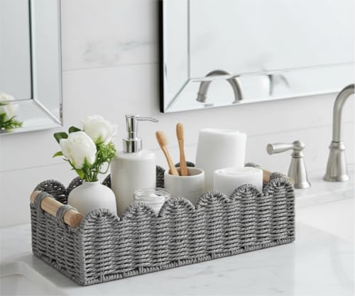 CubesLand Bathroom Basket Organizer, Toilet Tank Paper Storage Baskets 2-Pack, Scalloped Decorative Basket for Countertop w/Handle, Wicker Basket for Bathroom Decor, Home Decor, Living Room, Grey - color: Grey