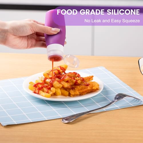MICEBAY Condiment Squeeze Bottles for Sauces, 3-oz Mini Silicone Salad Dressing Container to Go with Snack Storage Bag, Leakproof Sauce Bottles for Lunch Box, 4 Pack, Purple - color: Purple, size: 3 OZ