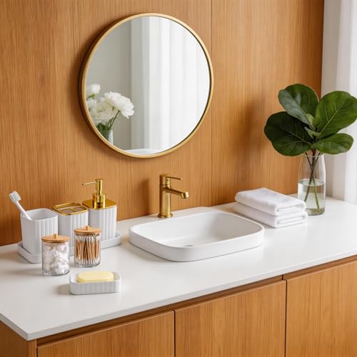 Bathroom Accessory Set White and Gold -9PCS Bathroom Decor with Toilet Brush, Trash Can, Soap Dispenser, Q-Tip Holder | Modern Home Bath Essentials - color: White&gold, size: 9-Piece Bath Set