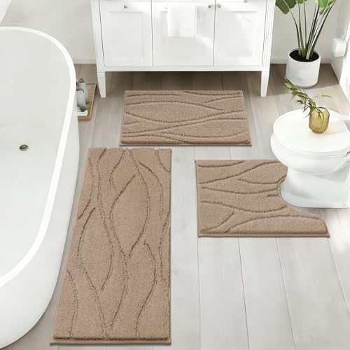 Bsmathom Bathroom Rugs Sets 3 Piece, Soft Non Slip Microfiber Bath Mat and U-Shaped Contour Toilet Rug, Machine Washable Absorbent Shaggy Bathroom Set, Brown - color: Brown