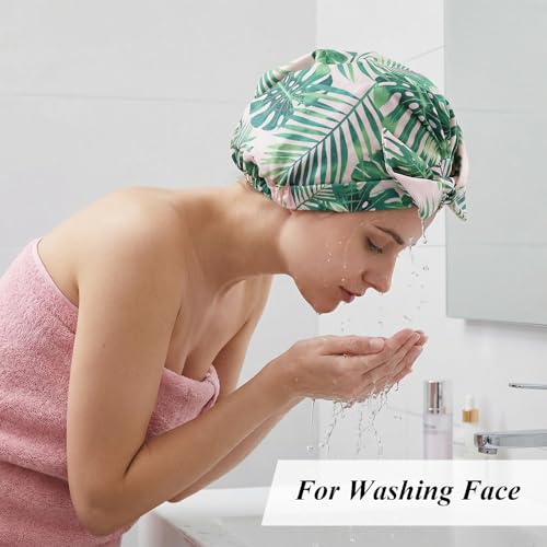 4 Pcs Shower Cap for Women Reusable Waterproof, Adjustable Bowknot Satin Nylon Bath Hair Caps, Elastic Hem Turban for Long Short Curly Hair, Banana Tree Solid Pink Black Stripe