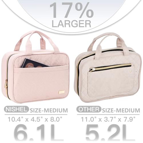 NISHEL Travel Toiletry Bag for women, Portable Hanging Organizer for Travel-Sized Shampoo, Conditioner, Brushes Set, makeup Accessories, Medium Size, Pink - color: Pink, size: Medium