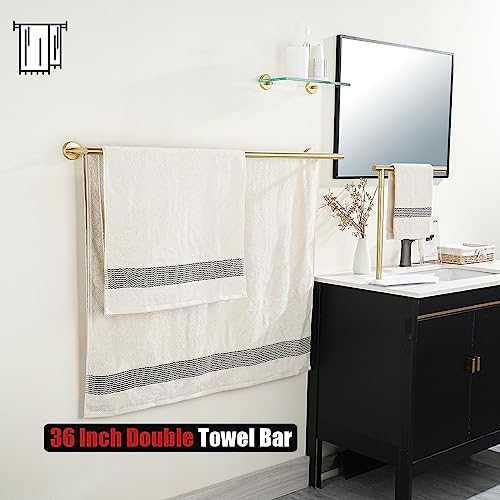 JQK Double Bath Towel Bar, Brushed Gold 39 Inch 304 Stainless Steel Thicken 0.8mm Towel Rack for Bathroom, Towel Holder Wall Mount, Useable Length 36 Inch, TB100L36-BG - color: Brushed Gold, size: 39 Inch