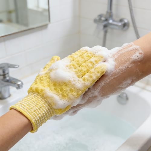 Exfoliating Bath Gloves 2 Pairs - Heavy Texture Body Scrub Gloves for Shower, Spa, Massage and Body Scrubs, Dead Skin Remover, Washing Gloves with Hanging Loop(Yellow) - color: Yellow