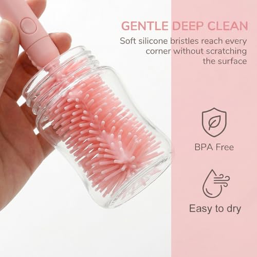 6 In1 Baby Bottle Brush Kit,Portable Silicone Bottle Brush Cleaner Set with Straw Brush,Nipple Brush,Drying Rack,Soap Dispenser,Storage Bag for Travel or Home,Compact&Space-Saving(Pink)