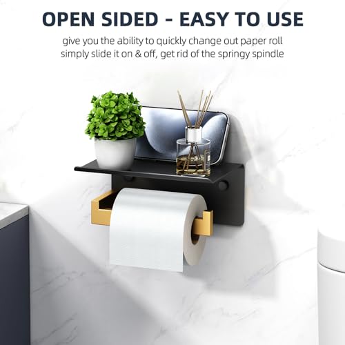 Angle Simple Toilet Paper Holder with Shelf, 304 Stainless Steel Bathroom Tissue Roll Holder for Wall Black and Gold - color: Black & Gold, size: Single Rod
