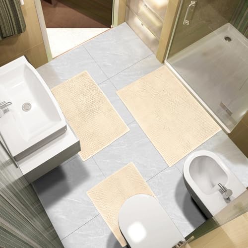 Urvoix Bathroom Rugs Sets 3 Piece, Chenille Bathroom Rug Non-Slip Bath Rug, Ultra Soft, Washable, Super Absorbent Bath Mats for Bathroom, Toilet and Tub (Warm Beige) - color: Warm Beige