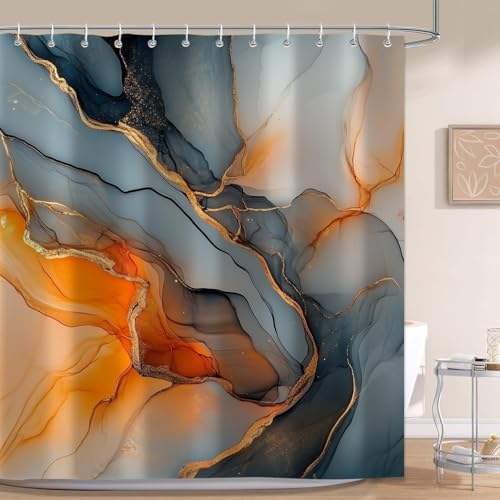 Moonslim 4Pcs Marble Shower Curtain Set, Orange Gold Black Abstract Bathroom Shower Curtain with Rugs and Accessories,Shower Curtains for Bathroom Set Decor - color: Black Gold