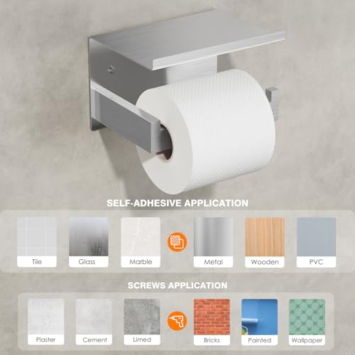 Auxmir Self Adhesive Toilet Paper Holder with Shelf, Premium SUS304 Stainless Steel Rustproof Wall Mounted Toilet Roll Holder, Toilet Tissue Holder for Bathroom Shower Washroom Kitchen RV, Silver - color: Tp Holder With Shelf-silver