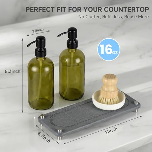 2 Pack Kitchen Soap Dispenser Set - 16oz Green Glass Dish and Hand Soap Dispenser with Stainless Steel Pump, Instant Dry Tray, Dish Brush & Holder, Refillable Countertop Sink Decor for Kitchen & Bath - color: Green
