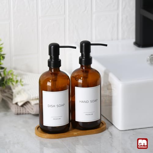 GMISUN Amber Glass Soap Dispenser, 2 Pack Bathroom Hand Soap Dispensers with Bamboo Tray, 17 Fl Oz Kitchen Hand and Dish Soap Dispenser Set, Modern Vintage Liquid Brown Soap Dispensers Bottle - color: Amber Bottle + Black Pump + Bamboo Tray, size: 2 Pack
