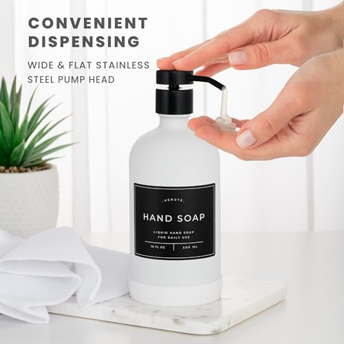 Hand and Dish Soap Dispenser for Kitchen and Bathroom, Set of 2 16 Oz Glass Bottles, Stainless Steel Pumps, Non-Slip Silicone Base, 27 Waterproof Labels (Matte White Bottle/Black Pump) - color: Matte White Bottle / Black Pump